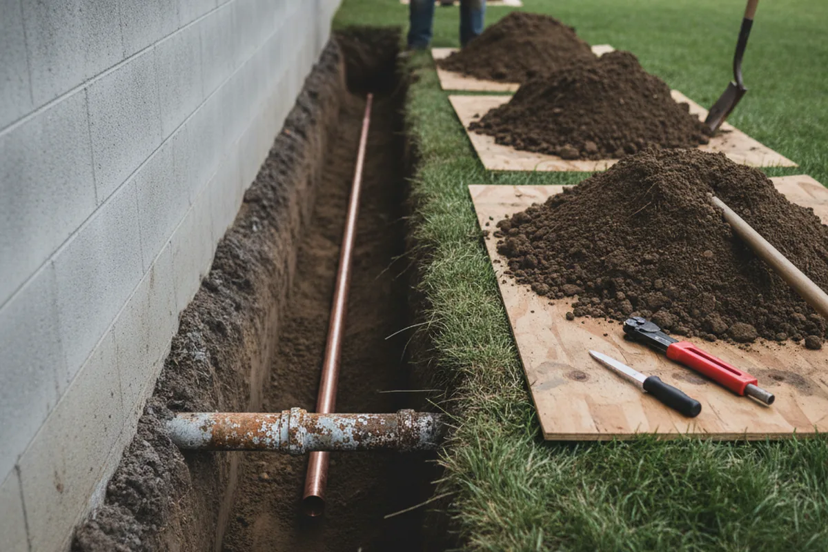 Excavated water line trench during Sewer Line Repair in West Leisenring